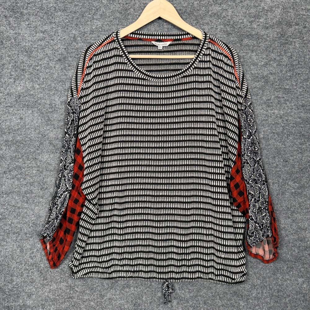 John Mark Sz XL Top Blouse Pullover Black Stripe Mixed Print Casual Lightweight‎